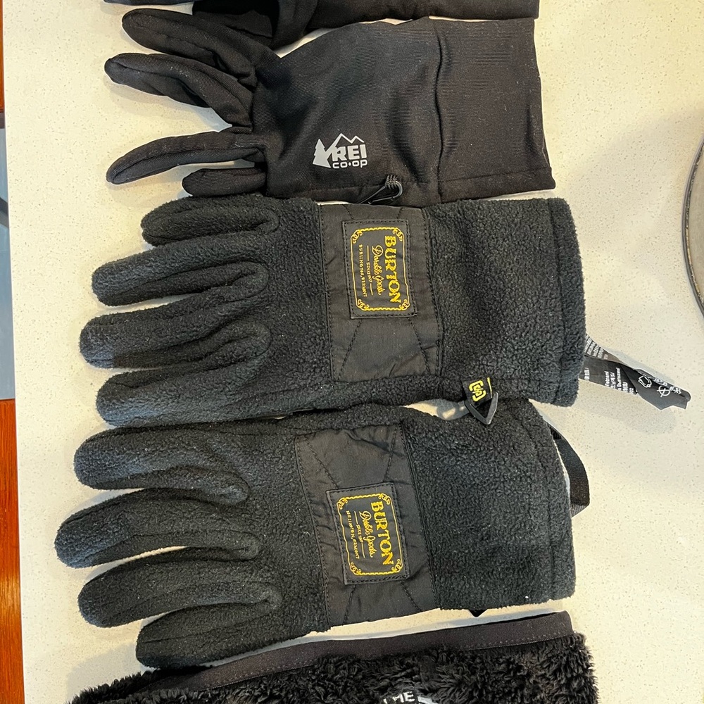 Bundle of Winter Burton Black Fleece Gloves, REI, and North Face